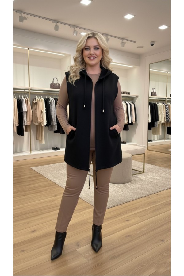 Yeliz Kapüşonlu Kısa Polar Yelek - Siyah 