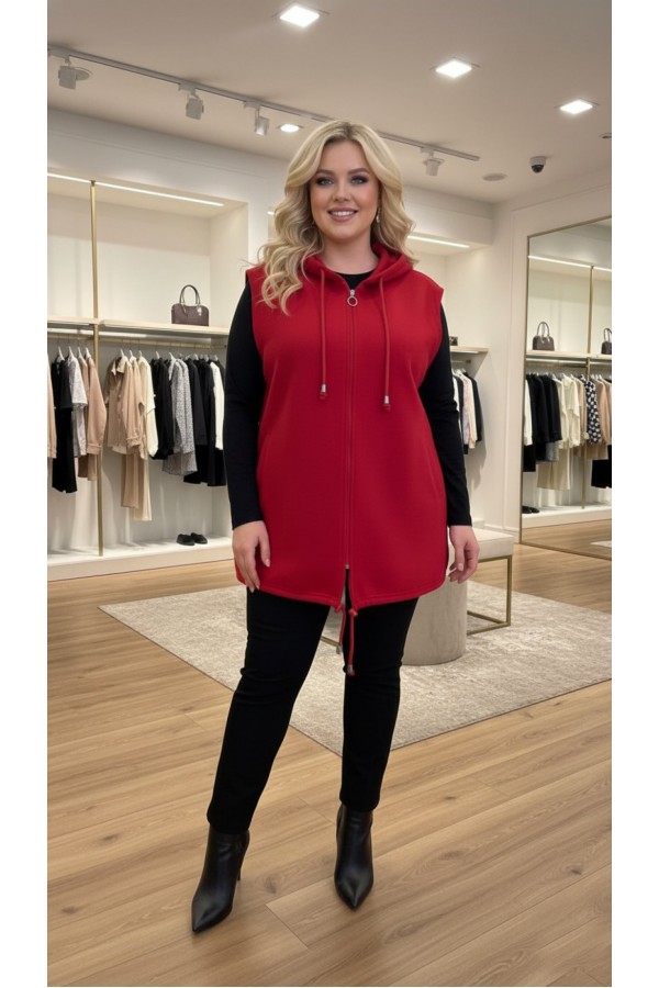 Yeliz Kapüşonlu Kısa Polar Yelek - Kırmızı Yeliz Kapüşonlu Kısa Polar Yelek - Kırmızı