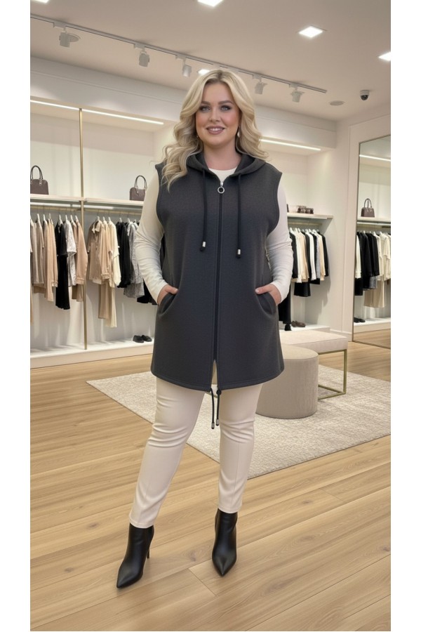 Yeliz Kapüşonlu Kısa Polar Yelek - Antrasit