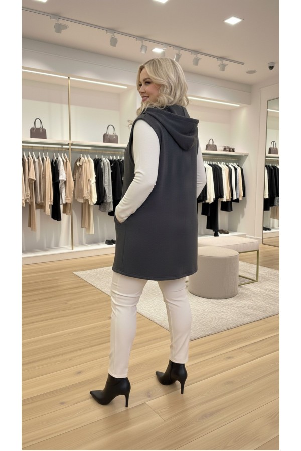 Yeliz Kapüşonlu Kısa Polar Yelek - Antrasit