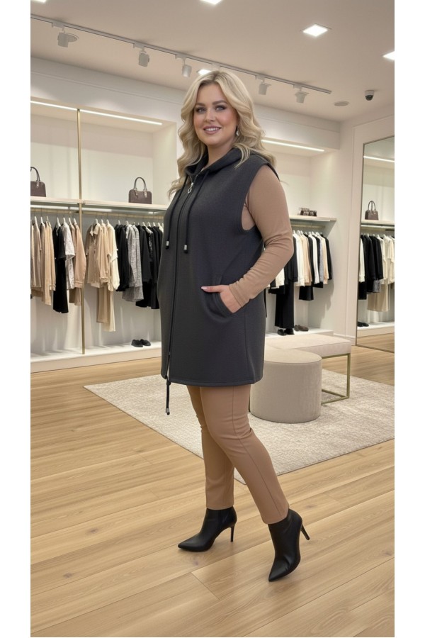 Yeliz Kapüşonlu Kısa Polar Yelek - Antrasit