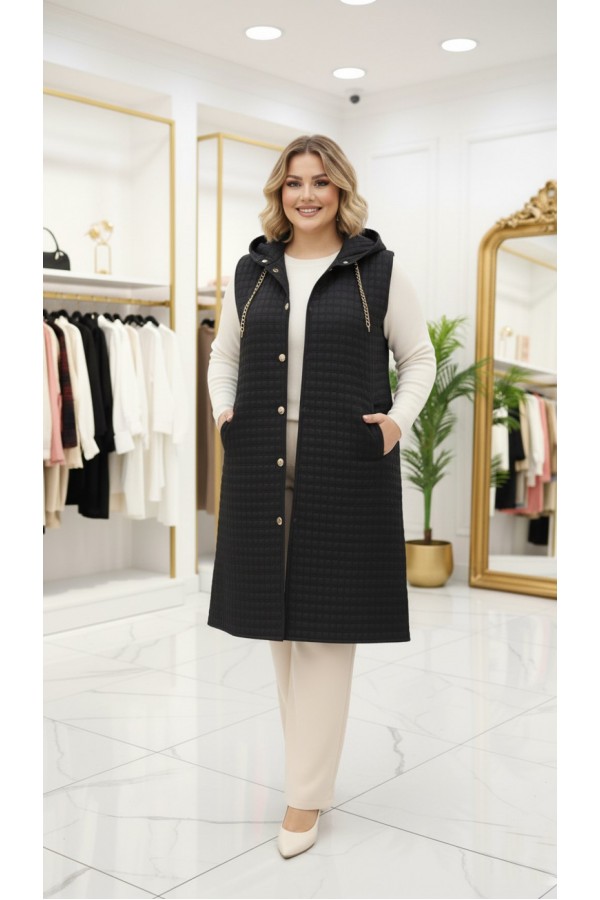 Türkan Kapüşonu Çıkabilir Kapitone Yelek - Siyah 