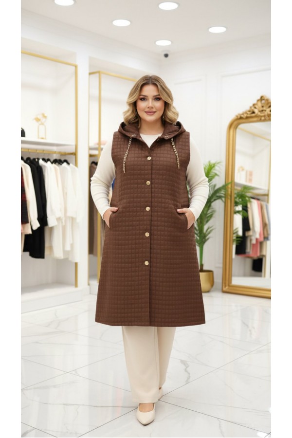 Türkan Kapüşonu Çıkabilir Kapitone Yelek - Kahverengi 