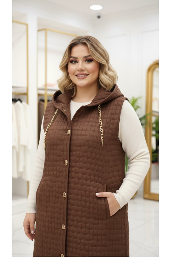 Türkan Kapüşonu Çıkabilir Kapitone Yelek - Kahverengi 