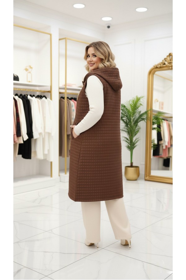 Türkan Kapüşonu Çıkabilir Kapitone Yelek - Kahverengi 