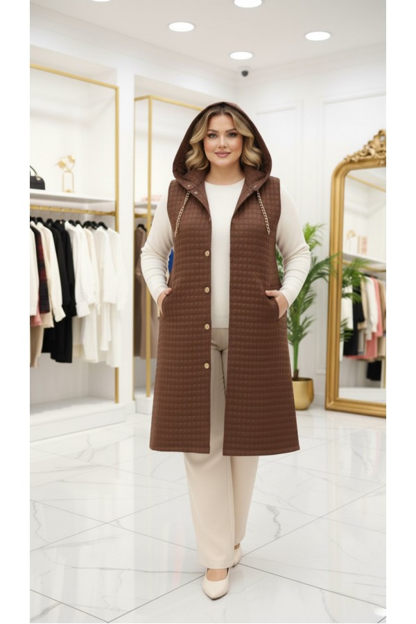 Türkan Kapüşonu Çıkabilir Kapitone Yelek - Kahverengi 