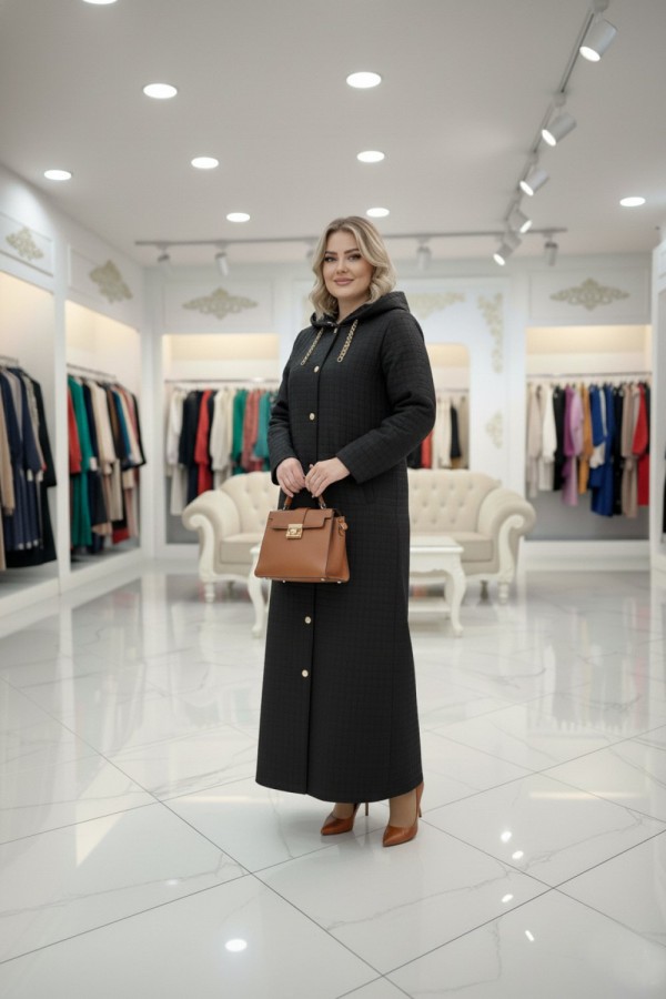 Burcu Kapüşonu Çıkabilir Tam Boy Kapitone Trenç - Siyah 