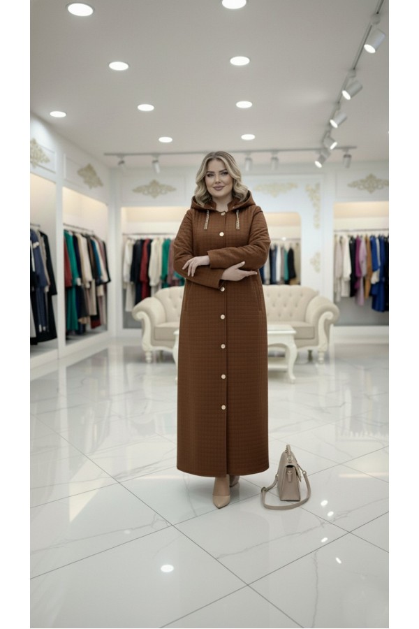 Burcu Kapüşonu Çıkabilir Tam Boy Kapitone Trenç - Kahve