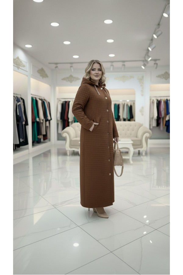 Burcu Kapüşonu Çıkabilir Tam Boy Kapitone Trenç - Kahve