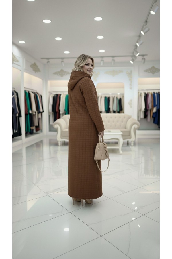 Burcu Kapüşonu Çıkabilir Tam Boy Kapitone Trenç - Kahve