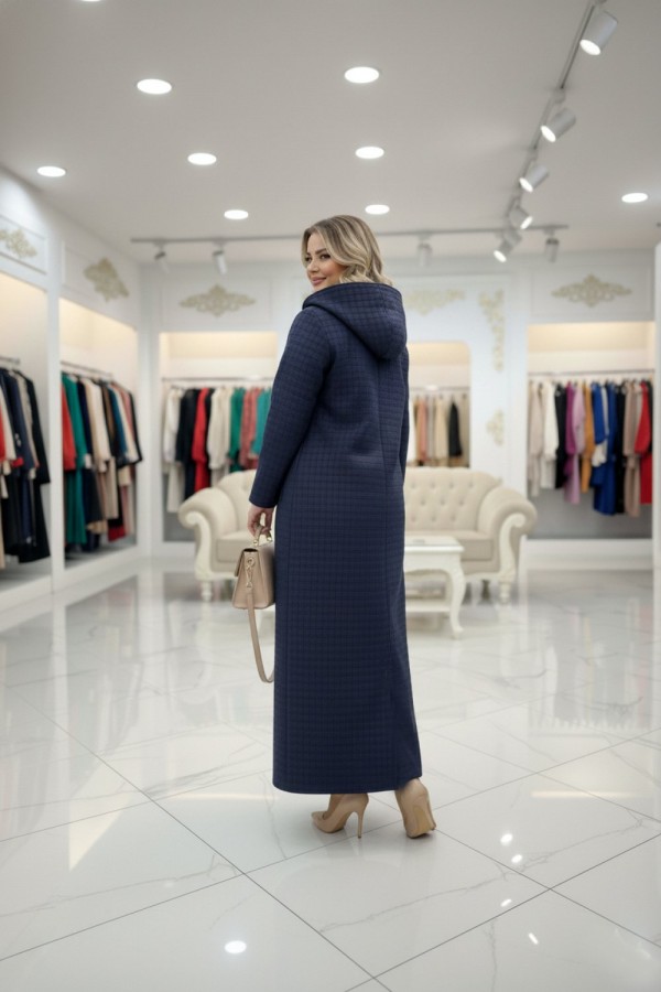 Burcu Kapüşonu Çıkabilir Tam Boy Kapitone Trenç - Lacivert