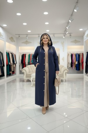 Burcu Kapüşonu Çıkabilir Tam Boy Kapitone Trenç - Lacivert