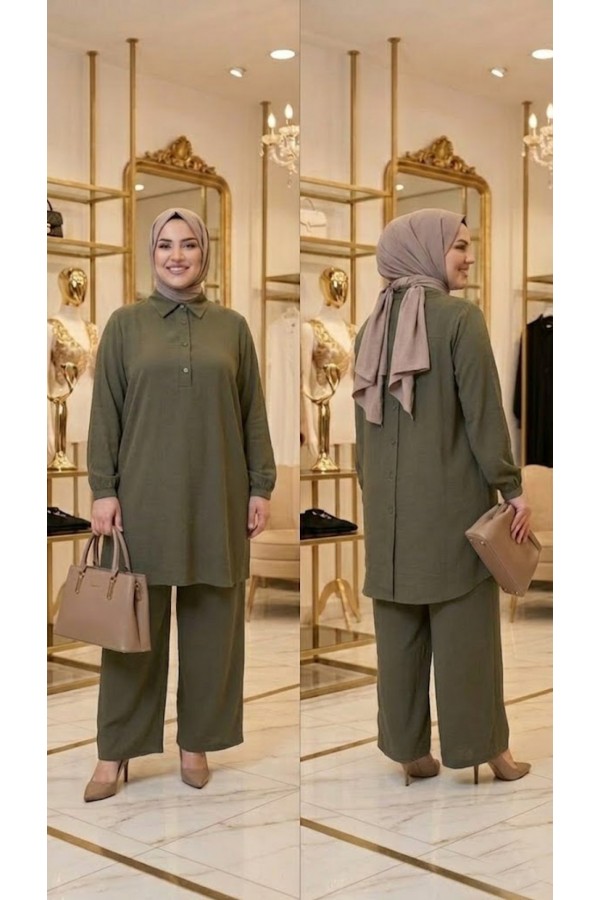 Ajda Düğmeli Modal Takım - Haki Ajda Düğmeli Modal Takım - Haki