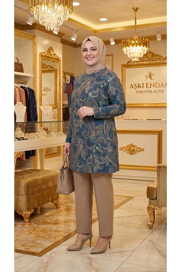 Kıvılcım Full Likralı Penye Viskon Tunik - İndigo Şal 