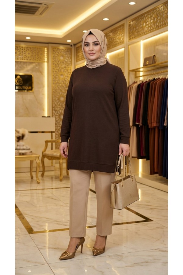 Şeyma Full Likralı Esnek Tunik - Kahverengi