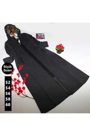 Büyük Beden Kaşe Derili Ferace Siyah Büyük Beden Kaşe Derili Ferace Siyah