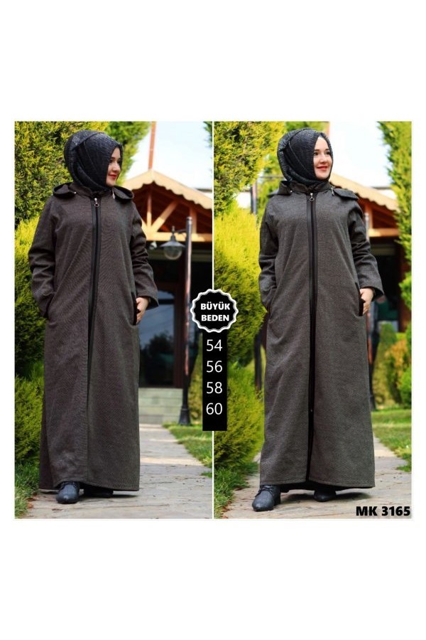 Büyük Beden Kaşe Derili Ferace Kahverengi Büyük Beden Kaşe Derili Ferace Kahverengi