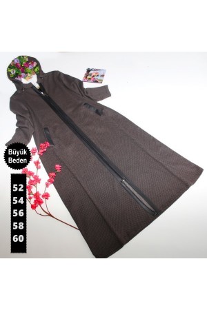 Büyük Beden Kaşe Derili Ferace Kahverengi Büyük Beden Kaşe Derili Ferace Kahverengi