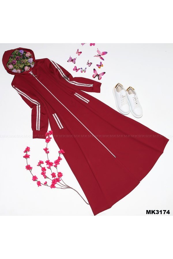 Büyük Beden Kapşonlu Tam Boy Sim Şeritli Kap Bordo Büyük Beden Kapşonlu Tam Boy Sim Şeritli Kap Bordo