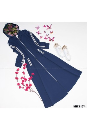 Büyük Beden Kapşonlu Tam Boy Sim Şeritli Kap  Petrol Mavisi