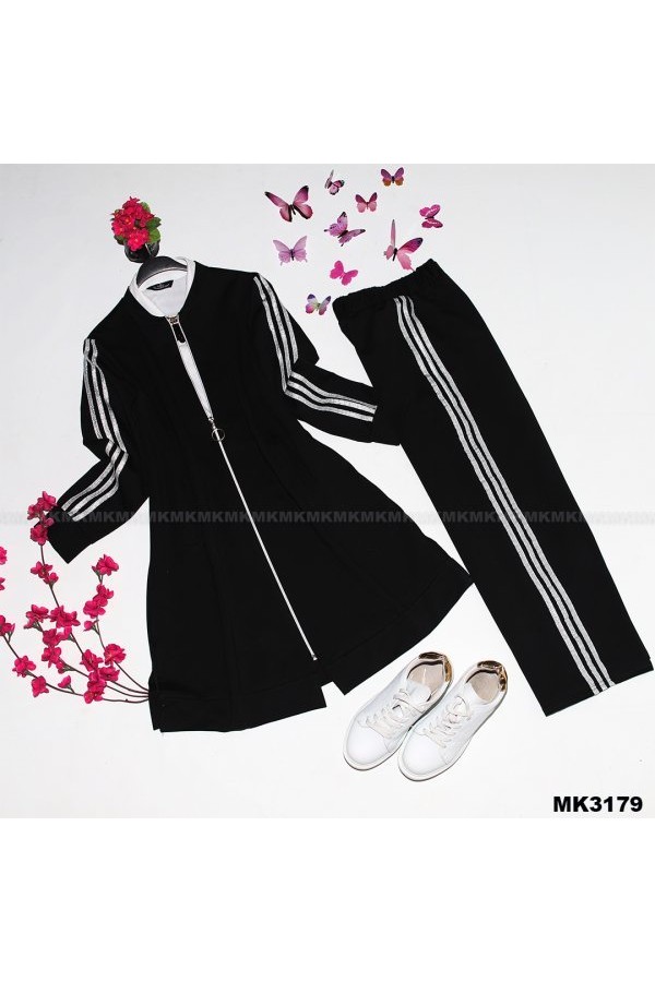 Büyük Beden Şeritli Eşofman Takım Siyah Büyük Beden Şeritli Eşofman Takım Siyah