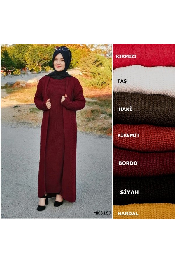 Kalın Triko İkili Takım tam boy hırka elbise Bordo Kalın Triko İkili Takım tam boy hırka elbise Bordo