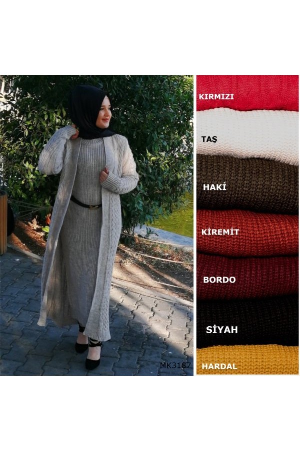 Kalın Triko İkili Takım tam boy hırka elbise Taş Kalın Triko İkili Takım tam boy hırka elbise Taş