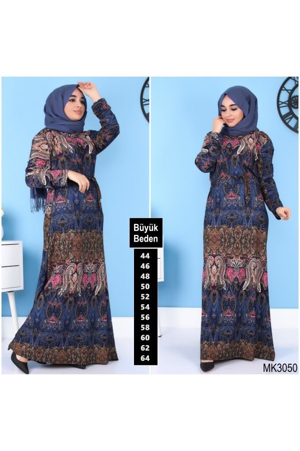 Büyük Beden Baskılı Krep Kumaş Elbise Çini Büyük Beden Baskılı Krep Kumaş Elbise Çini