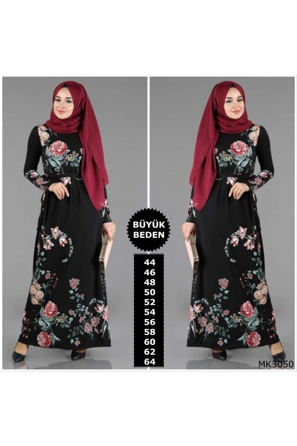 Büyük Beden Baskılı Krep Kumaş Elbise Siyah Çiçekli Büyük Beden Baskılı Krep Kumaş Elbise Siyah Çiçekli