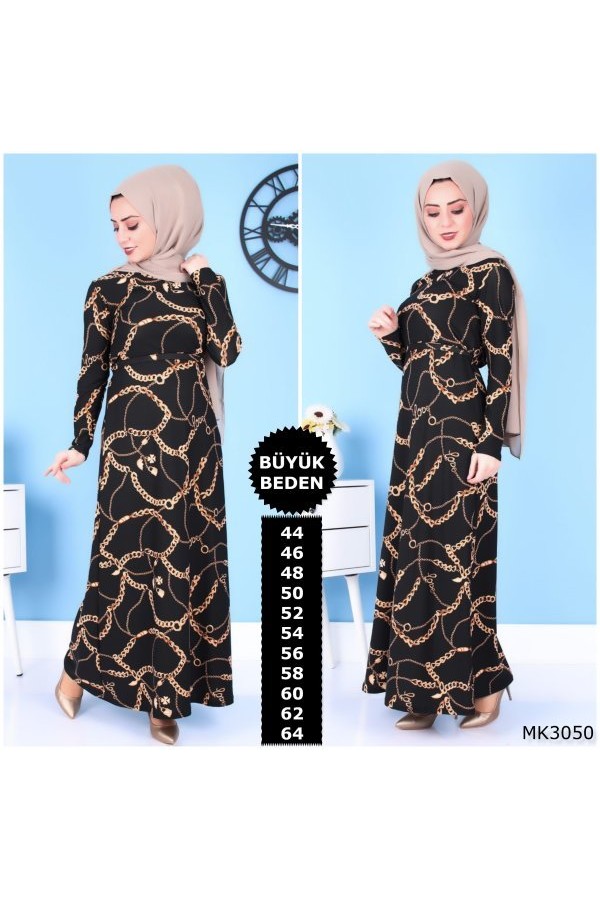 Büyük Beden Baskılı Krep Kumaş Elbise  Siyah Zincir
