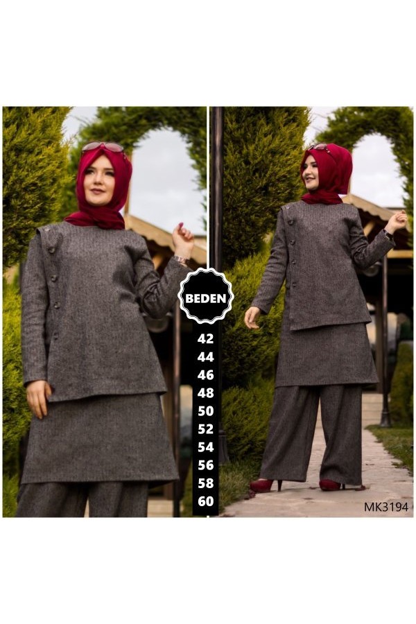 Büyük Beden Düğmeli İkili Takım  Gri