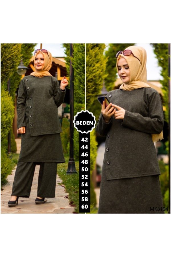 Büyük Beden Düğmeli İkili Takım Haki Büyük Beden Düğmeli İkili Takım Haki