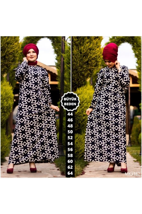 Büyük Beden Pamuklu Kumaş Desenli Elbise Beyaz Lacivert Büyük Beden Pamuklu Kumaş Desenli Elbise Beyaz Lacivert