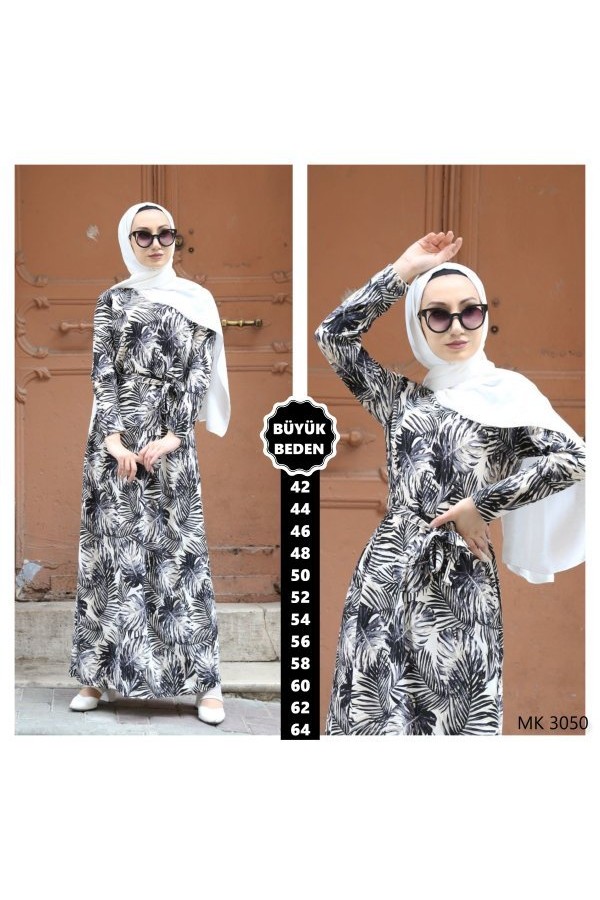 Büyük Beden Baskılı Krep Kumaş Elbise Siyah Ekru 2 Büyük Beden Baskılı Krep Kumaş Elbise Siyah Ekru 2