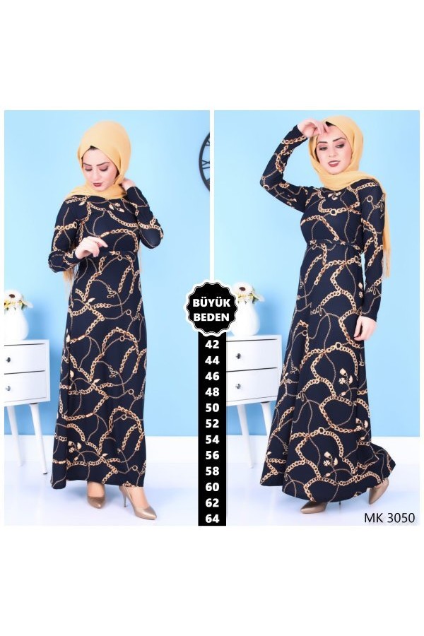 Büyük Beden Baskılı Krep Kumaş ElbiseLacivert Zincir Büyük Beden Baskılı Krep Kumaş ElbiseLacivert Zincir