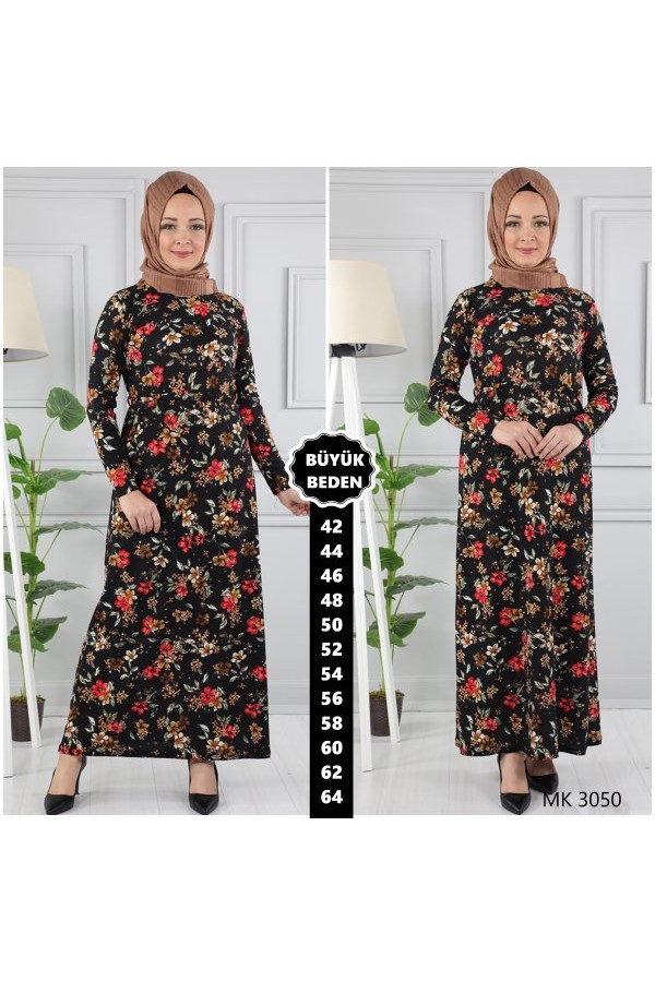 Büyük Beden Baskılı Krep Kumaş Elbise  Kiremit Çiçek