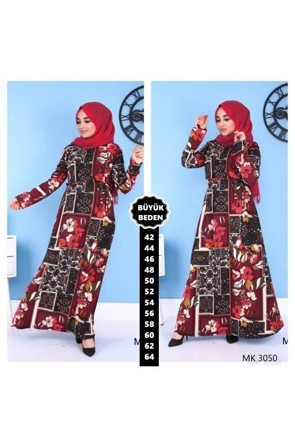 Büyük Beden Baskılı Krep Kumaş Elbise Bordo Siyah Büyük Beden Baskılı Krep Kumaş Elbise Bordo Siyah
