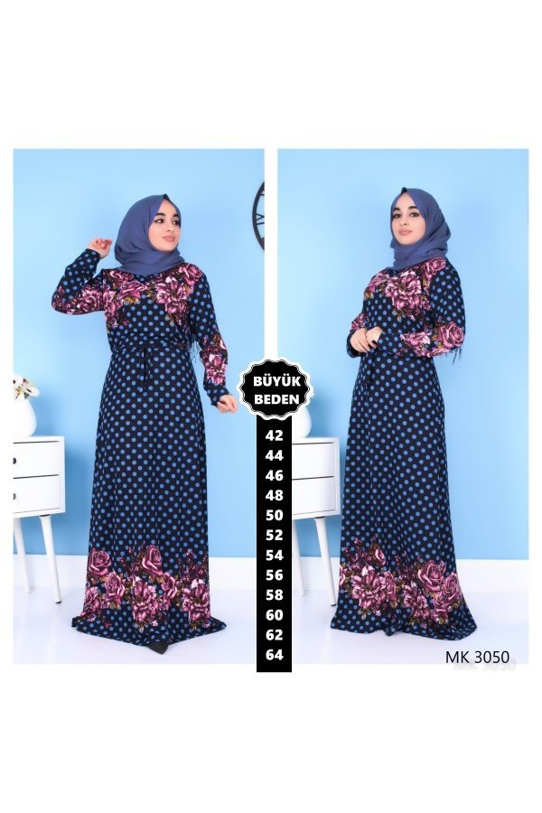 Büyük Beden Baskılı Krep Kumaş Elbise Lacivert Fuşya Büyük Beden Baskılı Krep Kumaş Elbise Lacivert Fuşya