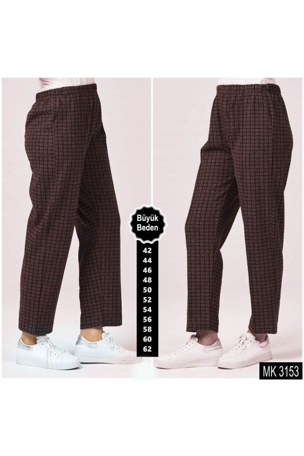 Büyük Beden Cepli Kışlık Lastikli Kaşe Pantolon Kahve Kareli Büyük Beden Cepli Kışlık Lastikli Kaşe Pantolon Kahve Kareli
