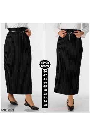 Büyük Beden Dabıl Krep Piliseli Kalem Etek  Siyah