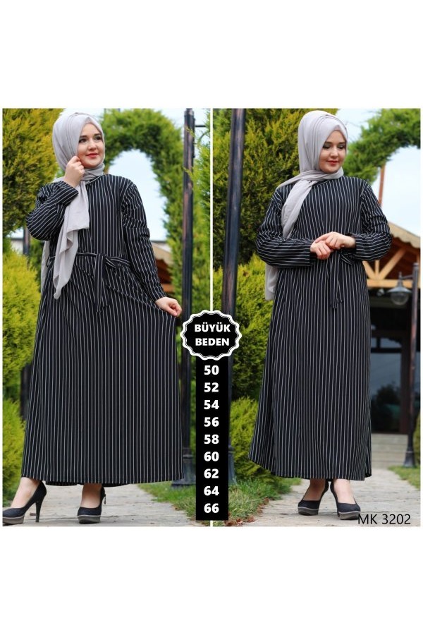 Büyük Beden Baskılı Krep Kumaş Elbise 66 Bedene Kadar Siyah Çizgili Büyük Beden Baskılı Krep Kumaş Elbise 66 Bedene Kadar Siyah Çizgili