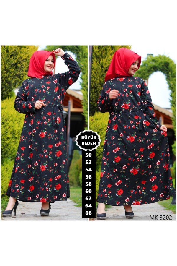 Büyük Beden Baskılı Krep Kumaş Elbise 66 Bedene Kadar Kırmızı Çiçekli Büyük Beden Baskılı Krep Kumaş Elbise 66 Bedene Kadar Kırmızı Çiçekli