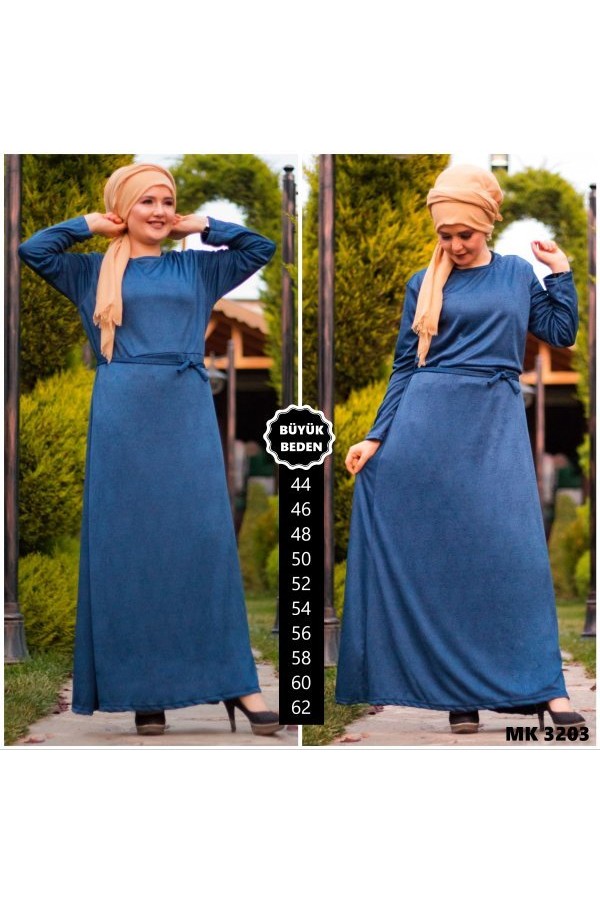 Büyük Beden Baskılı Krep Kumaş Elbise  Mavi