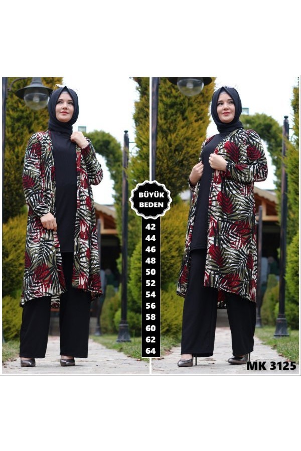 Büyük Beden Desenli Üçlü Takım kimonotunikpantolon Bordo Büyük Beden Desenli Üçlü Takım kimonotunikpantolon Bordo