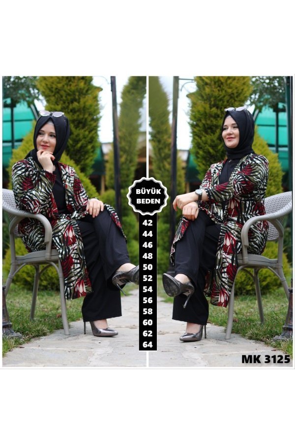 Büyük Beden Desenli Üçlü Takım kimonotunikpantolon Bordo Büyük Beden Desenli Üçlü Takım kimonotunikpantolon Bordo