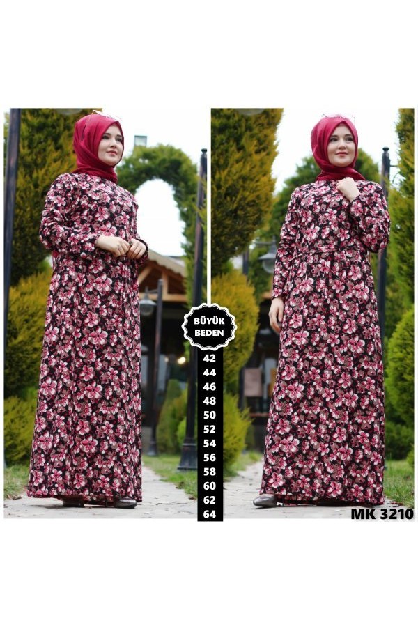 Çiçek Desenli Büyük Beden Elbise  Fuşya Kahve Çiçekli