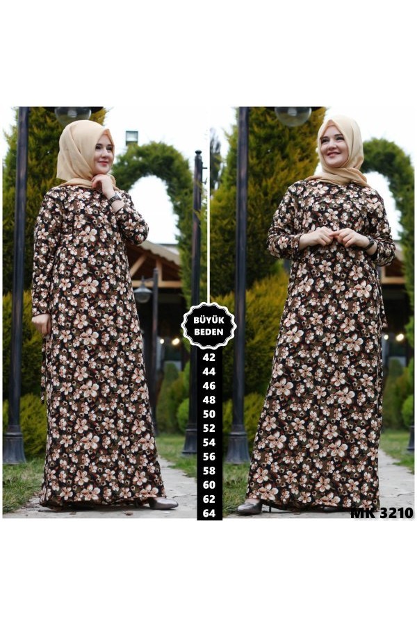 Çiçek Desenli Büyük Beden Elbise Haki Kahve Çiçekli Çiçek Desenli Büyük Beden Elbise Haki Kahve Çiçekli