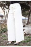Beli Lastikli Kuşaklı Bol Paça Pantolon  Kırık Beyaz