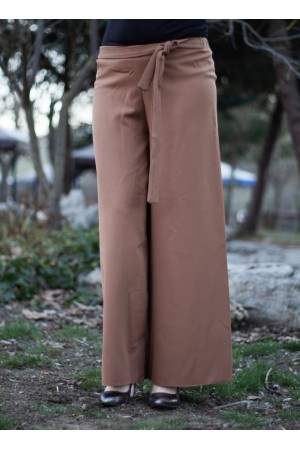 Beli Lastikli Kuşaklı Bol Paça Pantolon Vizon Beli Lastikli Kuşaklı Bol Paça Pantolon Vizon