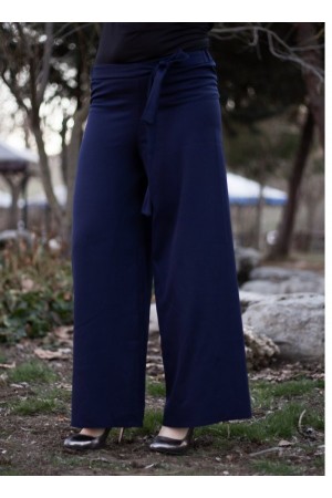 Beli Lastikli Kuşaklı Bol Paça Pantolon Lacivert Beli Lastikli Kuşaklı Bol Paça Pantolon Lacivert